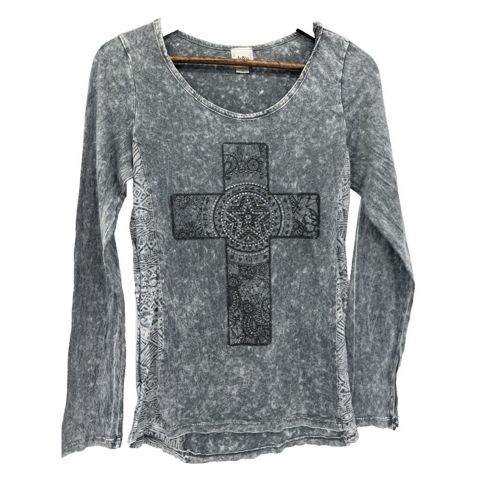 Daytrip‎ Grey Cross sheer rhinestone long sleeve shirt burnout western rodeo M